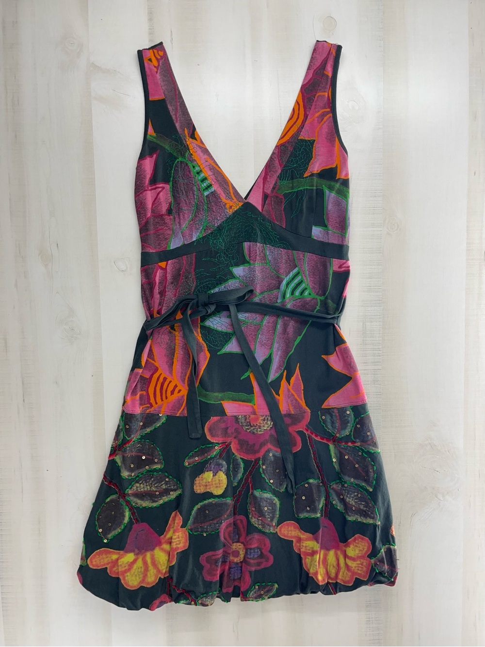 DESIGUAL floral printed funky bubble hem artsy dress embellished with sequins